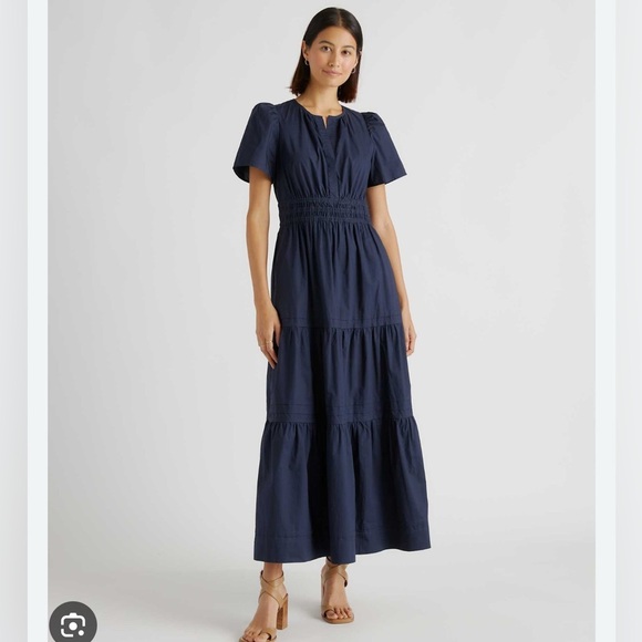 QUINCE • 100% Cotton Poplin Tiered Maxi Dress Navy size Small - Picture 1 of 10